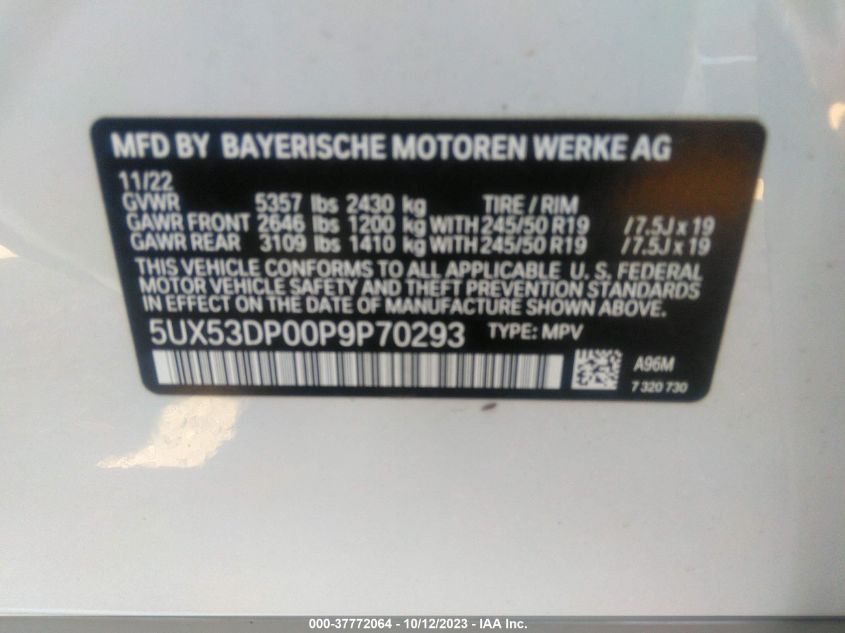 5UX53DP00P9P70293 2023 BMW X3, photo no. 9