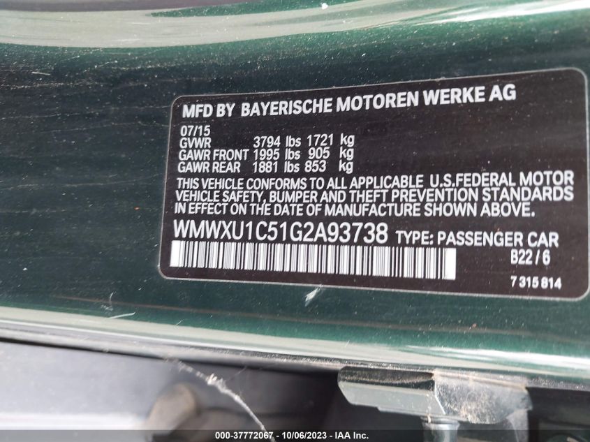 2016 MINI COOPER HARDTOP 4 DOOR WMWXU1C51G2A93738