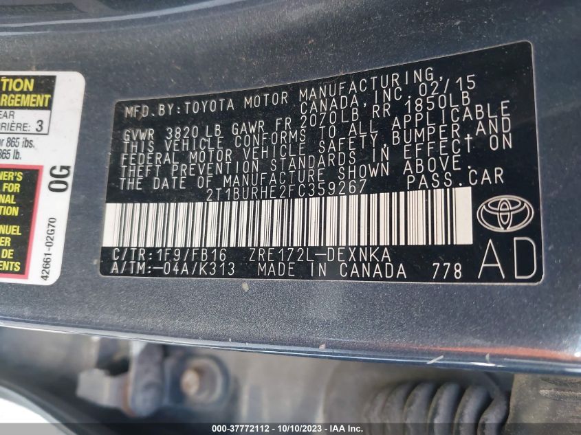 2015 TOYOTA COROLLA L/LE/LE PLS/PRM/S/S PLS - 2T1BURHE2FC359267