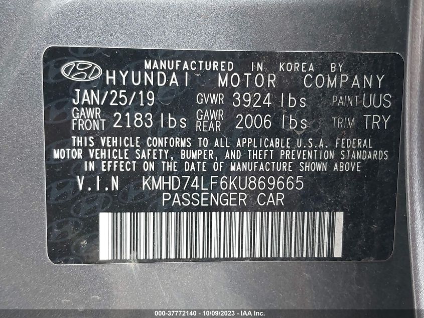 2019 HYUNDAI ELANTRA SE - KMHD74LF6KU869665