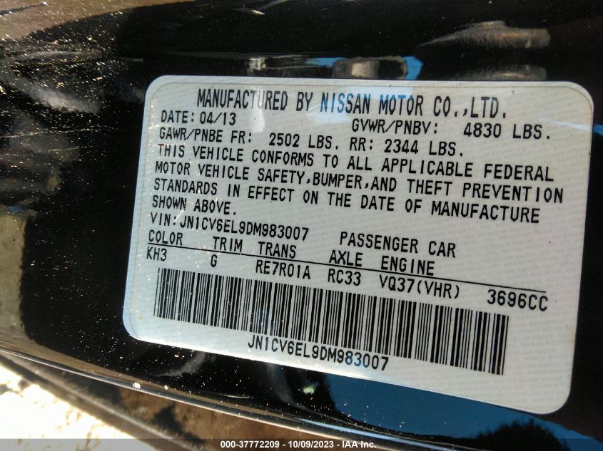 2013 INFINITI G37 COUPE X JN1CV6EL9DM983007