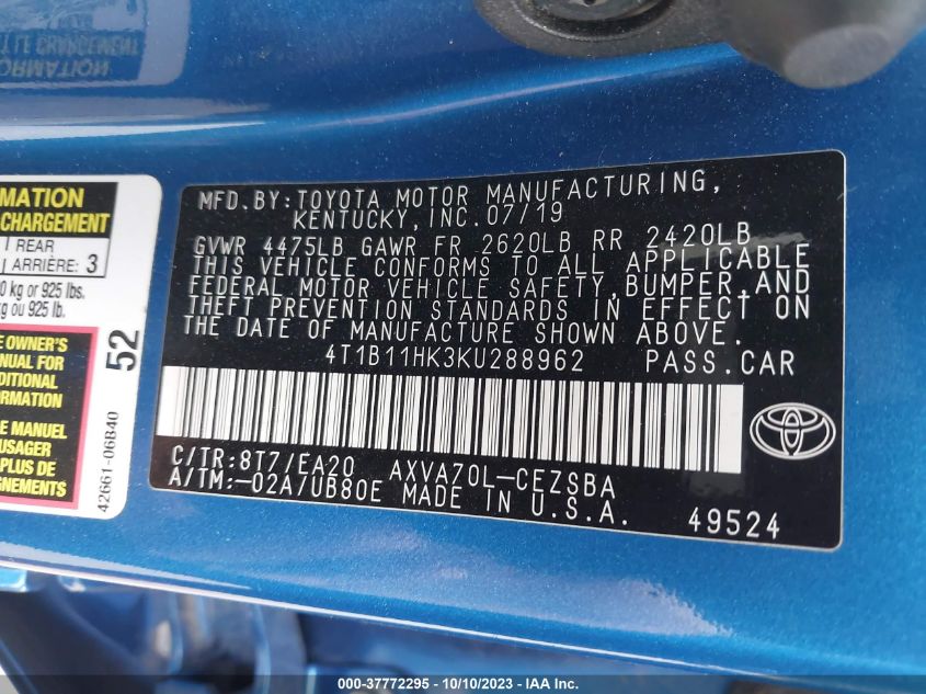 2019 TOYOTA CAMRY L/LE/XLE/SE/XSE - 4T1B11HK3KU288962