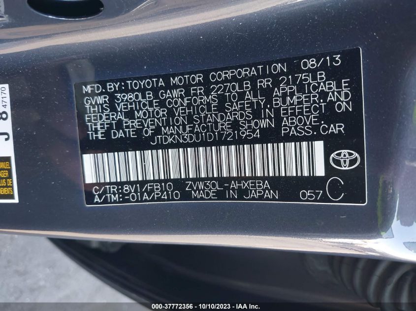 2013 TOYOTA PRIUS ONE/TWO/THREE/FOUR/FIVE - JTDKN3DU1D1721954
