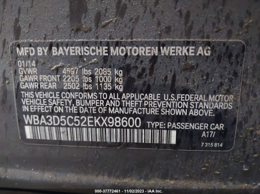 2014 BMW 328D XDRIVE WBA3D5C52EKX98600