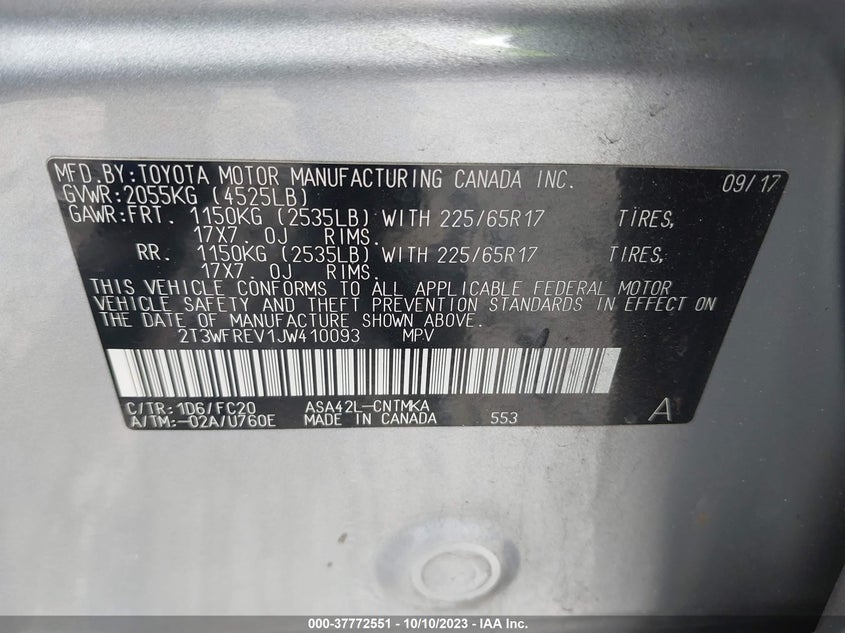 VIN 2T3WFREV1JW410093 2018 TOYOTA RAV4 XLE/ADVENTURE