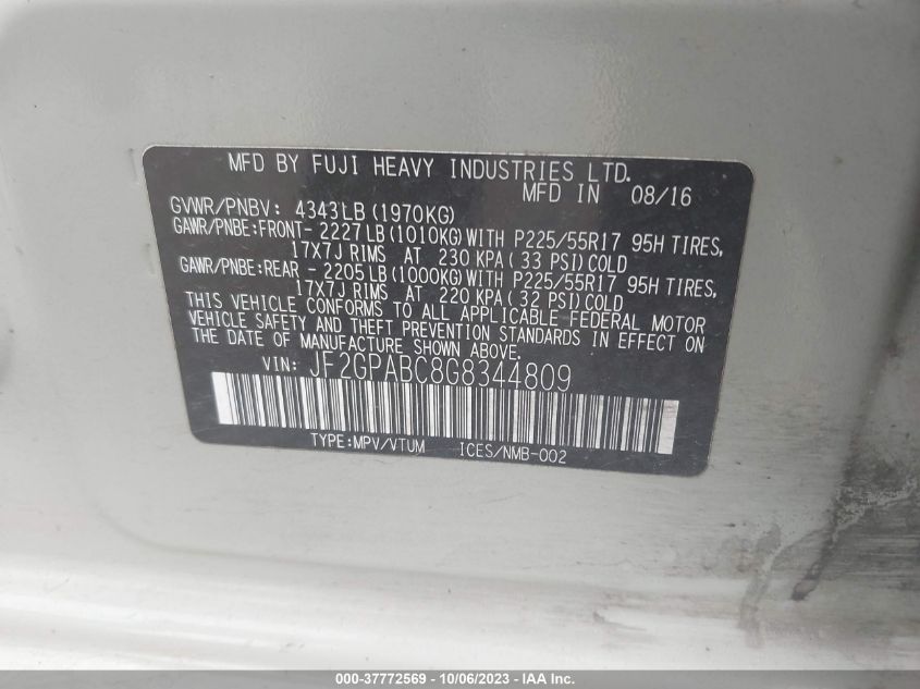 2016 SUBARU CROSSTREK PREMIUM - JF2GPABC8G8344809
