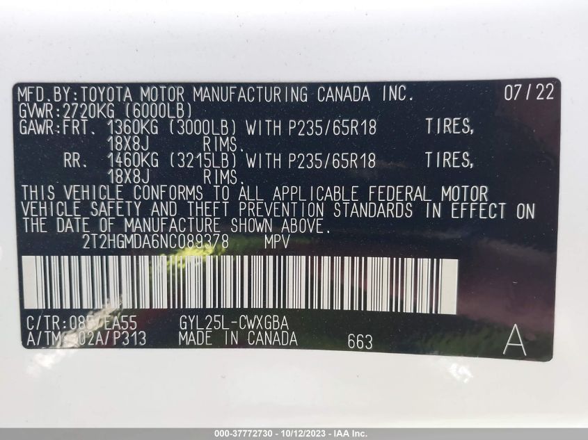 2022 LEXUS RX 450H 2T2HGMDA6NC089378