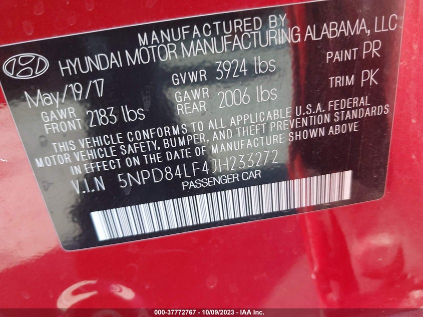 VIN 5NPD84LF4JH233272 2018 HYUNDAI ELANTRA SEL