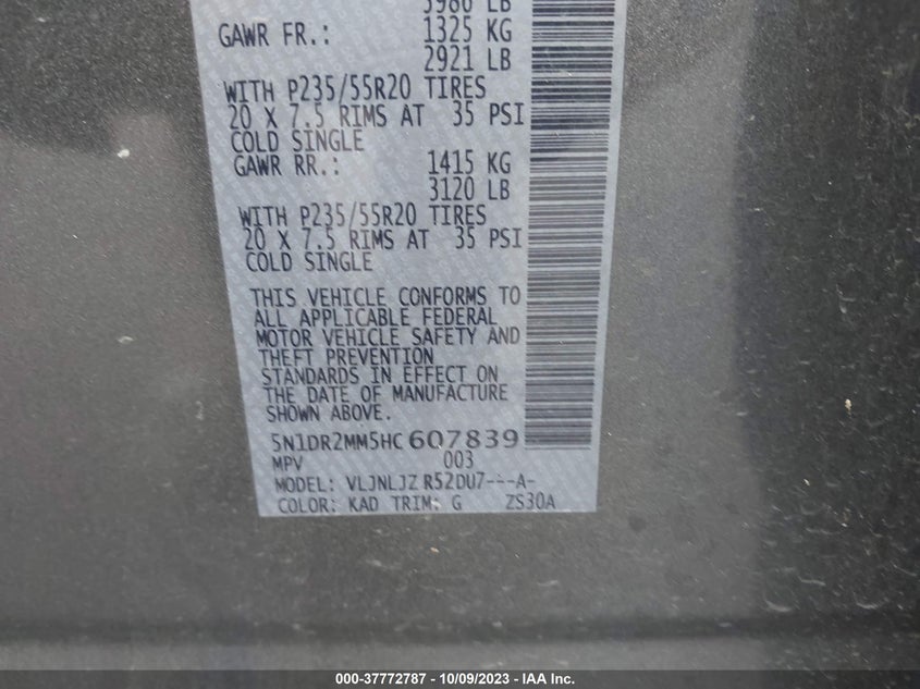 VIN 5N1DR2MM5HC607839 2017 NISSAN PATHFINDER PLATINUM