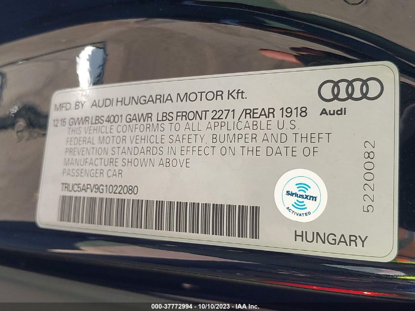 2016 AUDI TT 2.0T TRUC5AFV9G1022080
