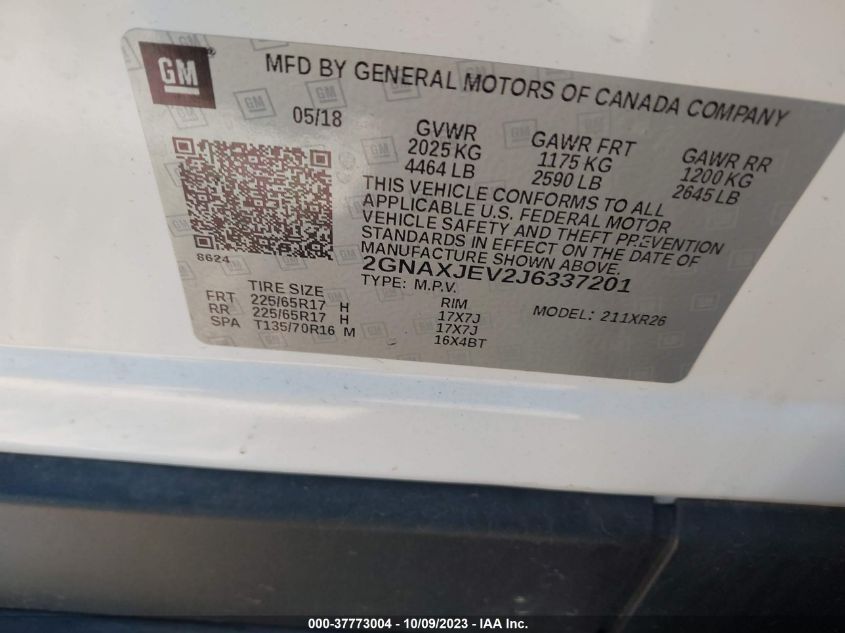 2018 CHEVROLET EQUINOX LT - 2GNAXJEV2J6337201