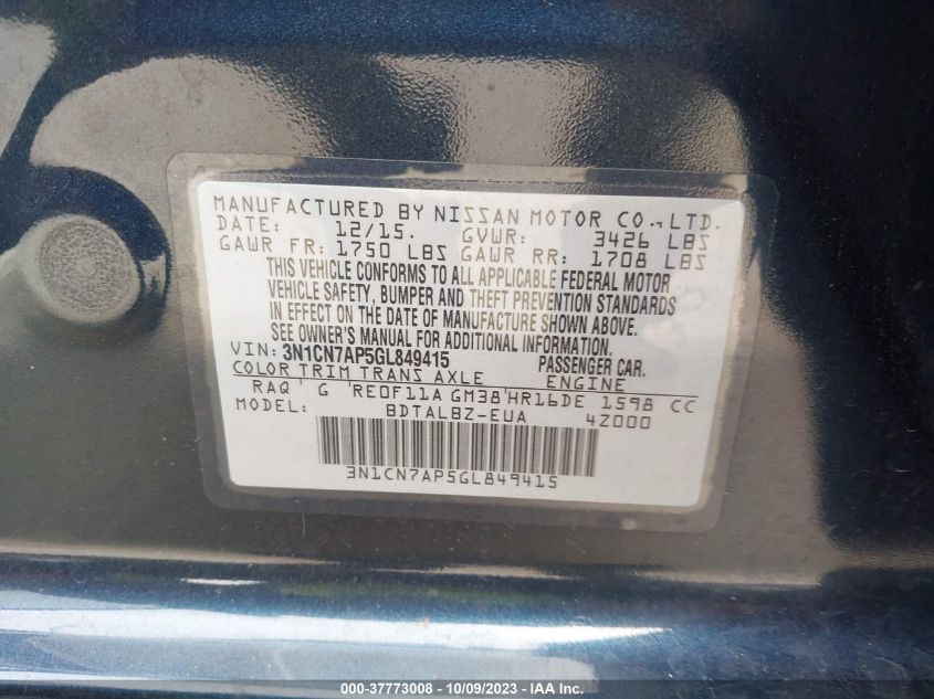 2016 NISSAN VERSA SV - 3N1CN7AP5GL849415