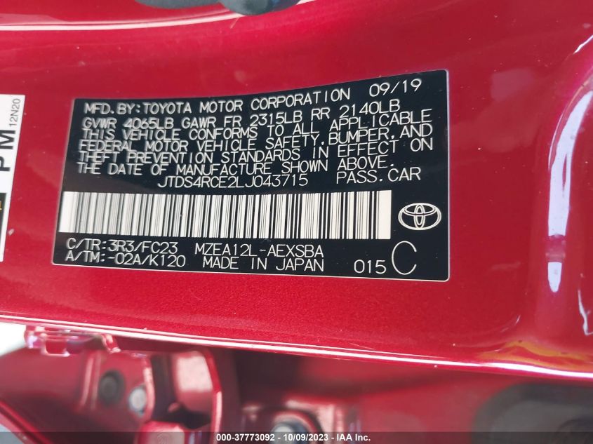 2020 TOYOTA COROLLA SE/NIGHTSHADE - JTDS4RCE2LJ043715