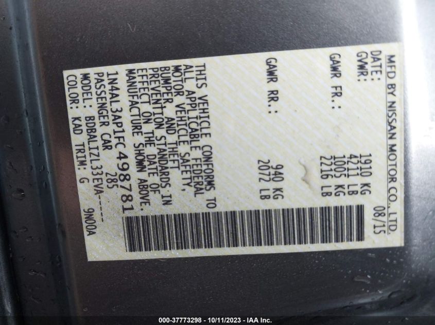 2015 NISSAN ALTIMA 2.5 SV - 1N4AL3AP1FC498781