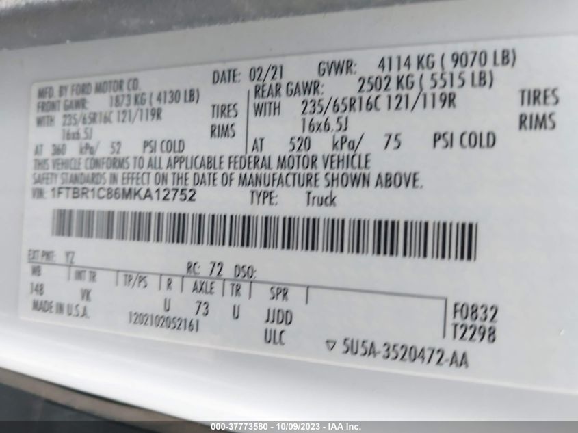 2021 FORD TRANSIT CARGO VAN 1FTBR1C86MKA12752
