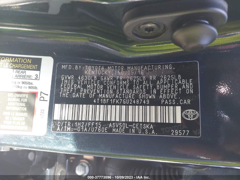 2016 TOYOTA CAMRY LE/XLE/SE/XSE - 4T1BF1FK7GU248749