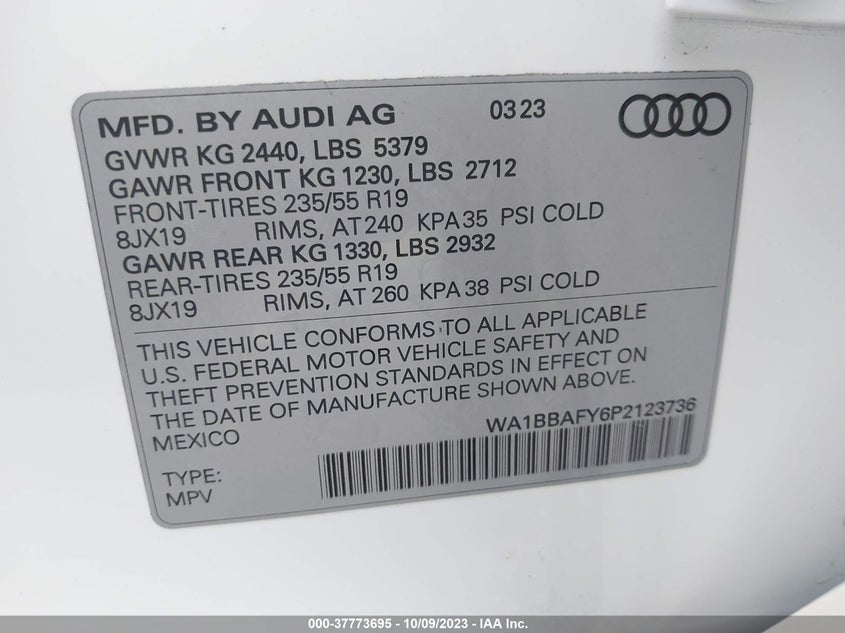 VIN WA1BBAFY6P2123736 2023 AUDI Q5 PREMIUM PLUS