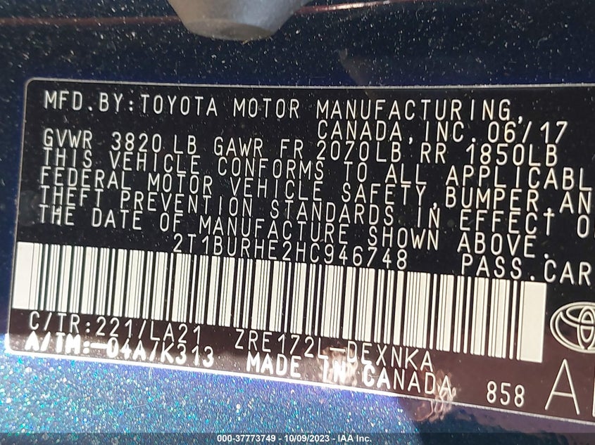 VIN 2T1BURHE2HC946743 2017 TOYOTA COROLLA L/LE/XLE/SE