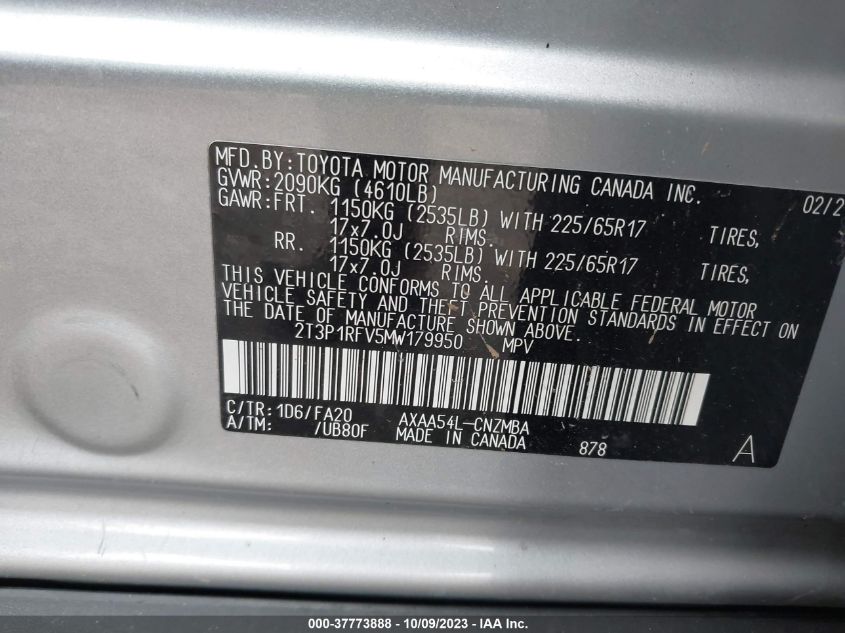 VIN 2T3P1RFV5MW179950 2021 TOYOTA RAV4 XLE