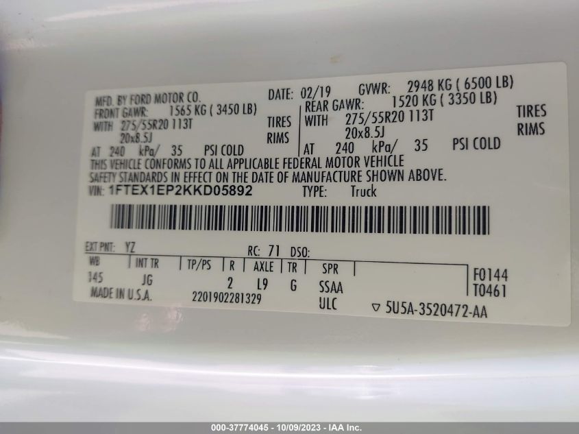 2019 FORD F-150 XL/XLT/LARIAT - 1FTEX1EP2KKD05892