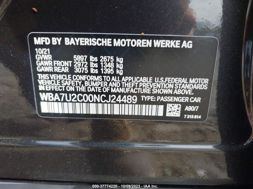 2022 BMW 7 SERIES 750I XDRIVE WBA7U2C00NCJ24489
