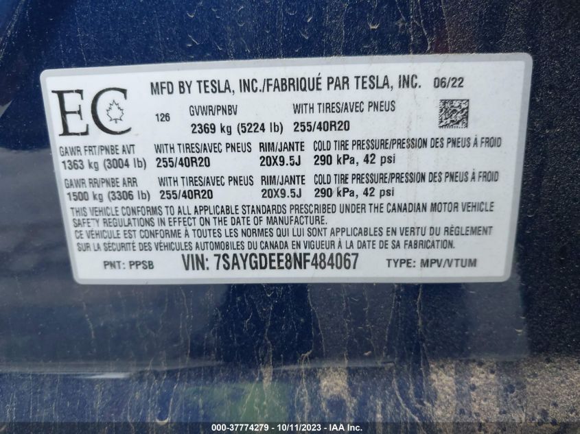 2022 TESLA MODEL Y LONG RANGE - 7SAYGDEE8NF484067