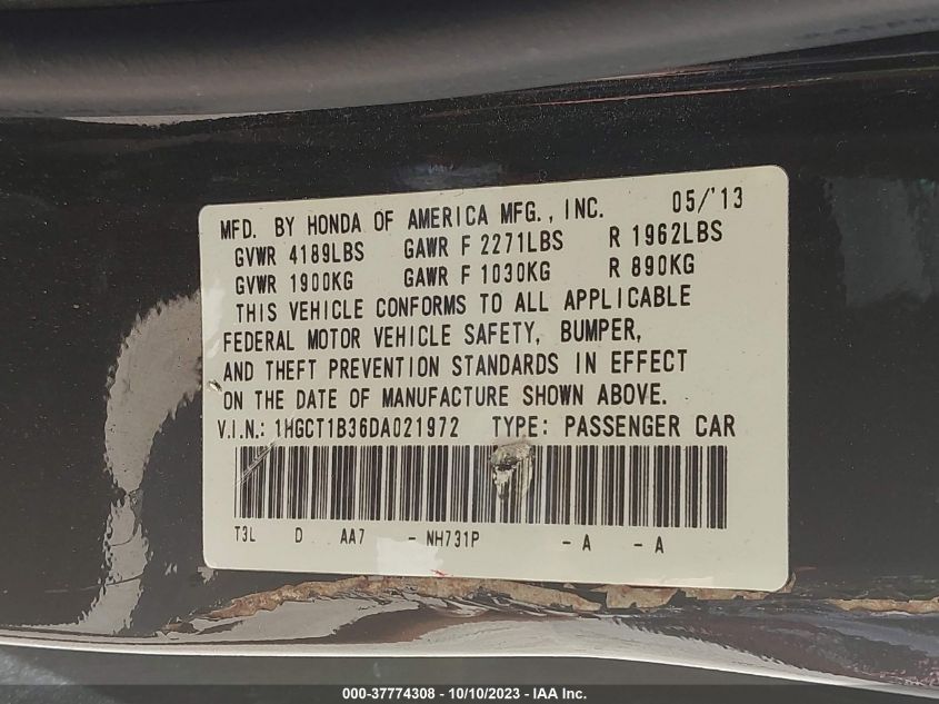 2013 HONDA ACCORD CPE LX-S 1HGCT1B36DA021972