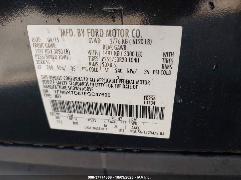 2015 FORD EXPLORER XLT - 1FM5K7D87FGC47696