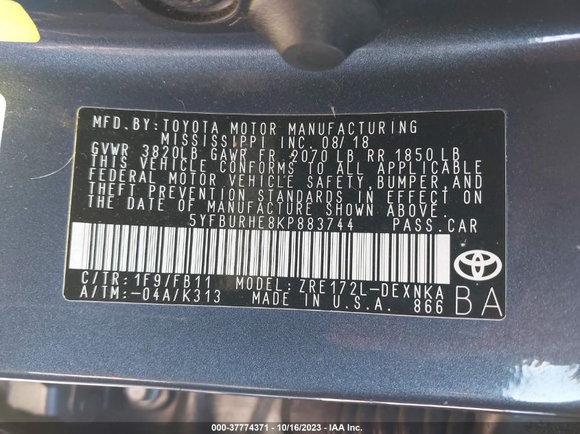 2019 TOYOTA COROLLA L/LE/SE/XLE/XSE - 5YFBURHE8KP883744