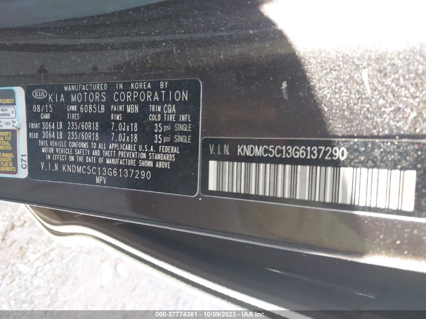 2016 KIA SEDONA EX - KNDMC5C13G6137290