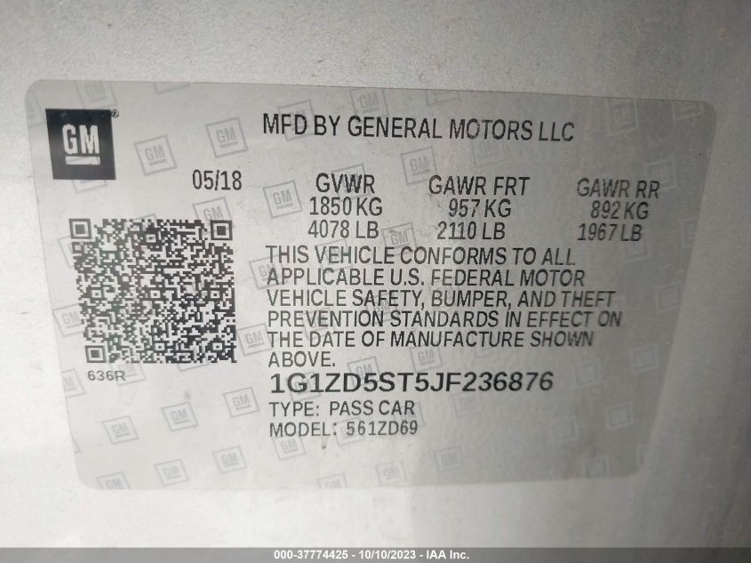 2018 CHEVROLET MALIBU LT - 1G1ZD5ST5JF236876