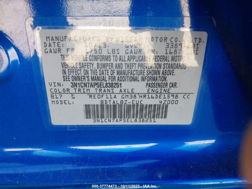 2014 NISSAN VERSA SV - 3N1CN7AP5EL838251