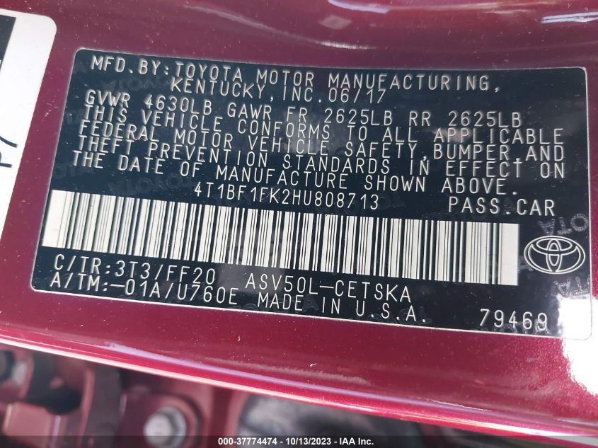 2017 TOYOTA CAMRY LE/XLE/SE/XSE - 4T1BF1FK2HU808713