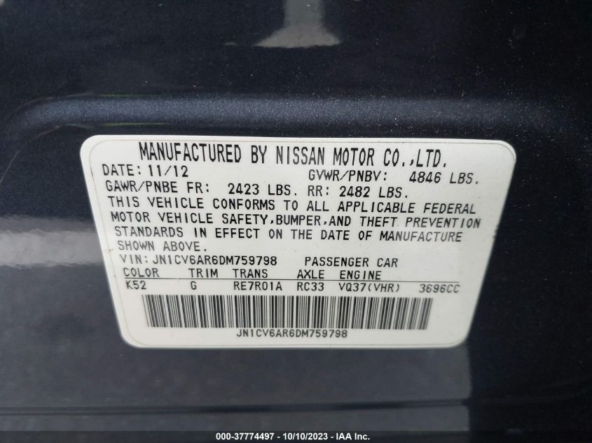 2013 INFINITI G37 SEDAN X - JN1CV6AR6DM759798