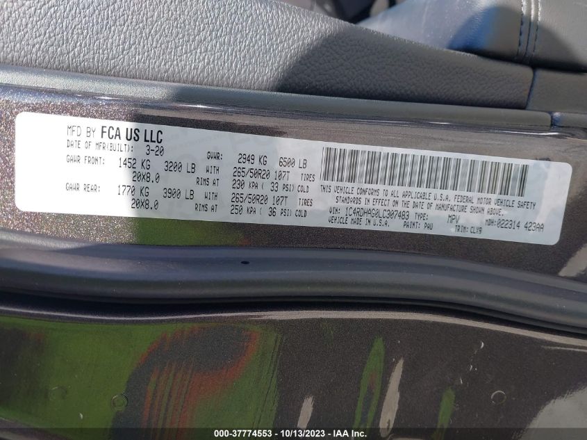 2020 DODGE DURANGO SXT - 1C4RDHAG0LC307483
