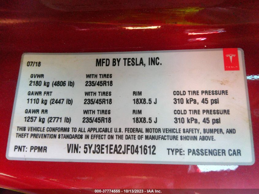 2018 TESLA MODEL 3 RANGE BATTERY - 5YJ3E1EA2JF041612