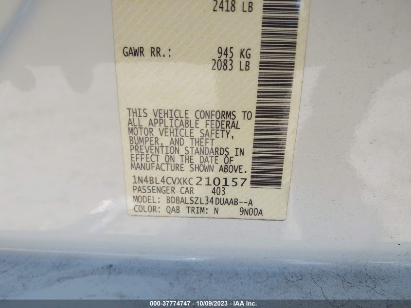 2019 NISSAN ALTIMA 2.5 SR - 1N4BL4CVXKC210157