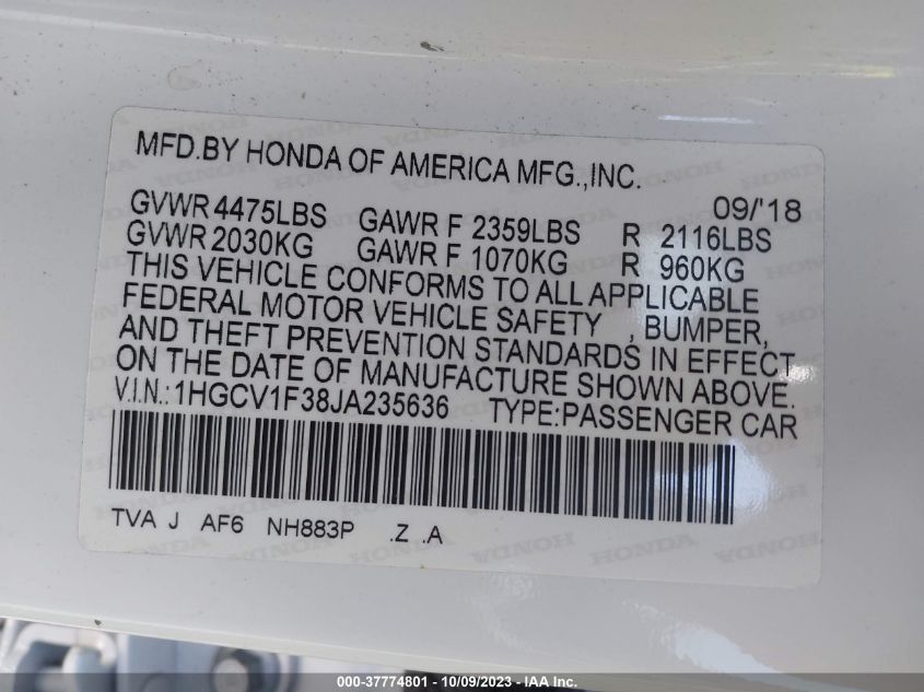 2018 HONDA ACCORD SEDAN SPORT 1.5T - 1HGCV1F38JA235636