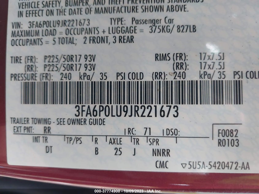 VIN 3FA6P0LU9JR221673 2018 FORD FUSION HYBRID SE