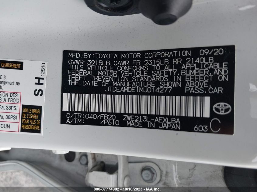 2021 TOYOTA COROLLA LE - JTDEAMDE1MJ014277