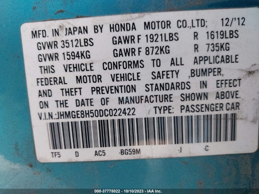 2013 HONDA FIT SPORT - JHMGE8H50DC022422