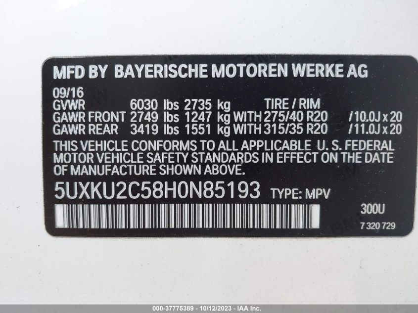 5UXKU2C58H0N85193 2017 BMW X6, photo no. 9