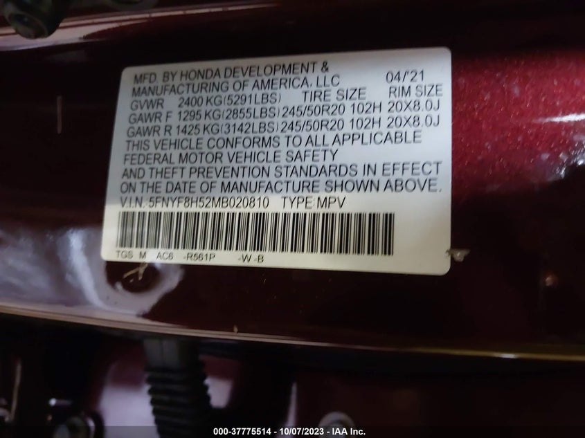 VIN 5FNYF8H52MB020810 2021 HONDA PASSPORT EX-L