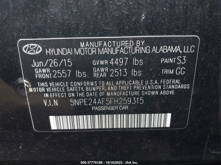 2015 HYUNDAI SONATA 2.4L SE - 5NPE24AF5FH259315