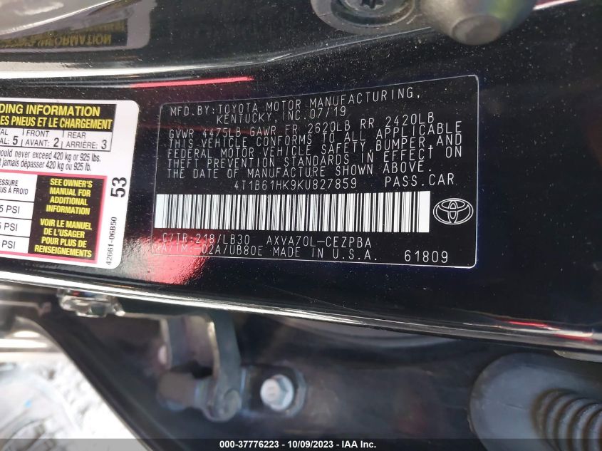 2019 TOYOTA CAMRY XSE - 4T1B61HK9KU827859