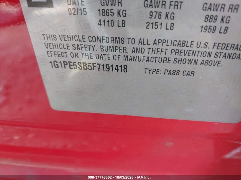 2015 CHEVROLET CRUZE LT - 1G1PE5SB5F7191418