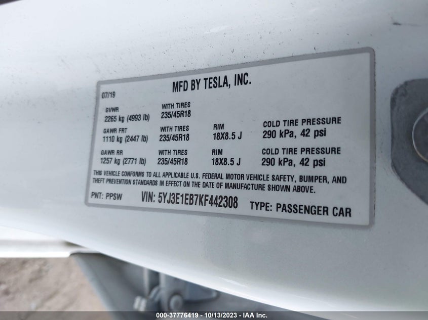 VIN 5YJ3E1EB7KF442308 2019 TESLA MODEL 3 LONG RANGE/PERFORMANCE