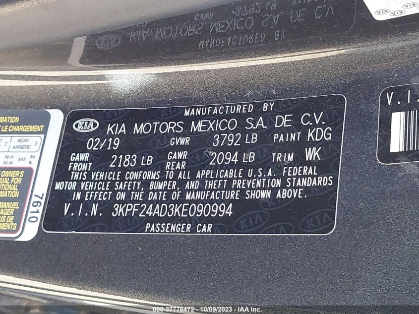 2019 KIA FORTE LXS - 3KPF24AD3KE090994
