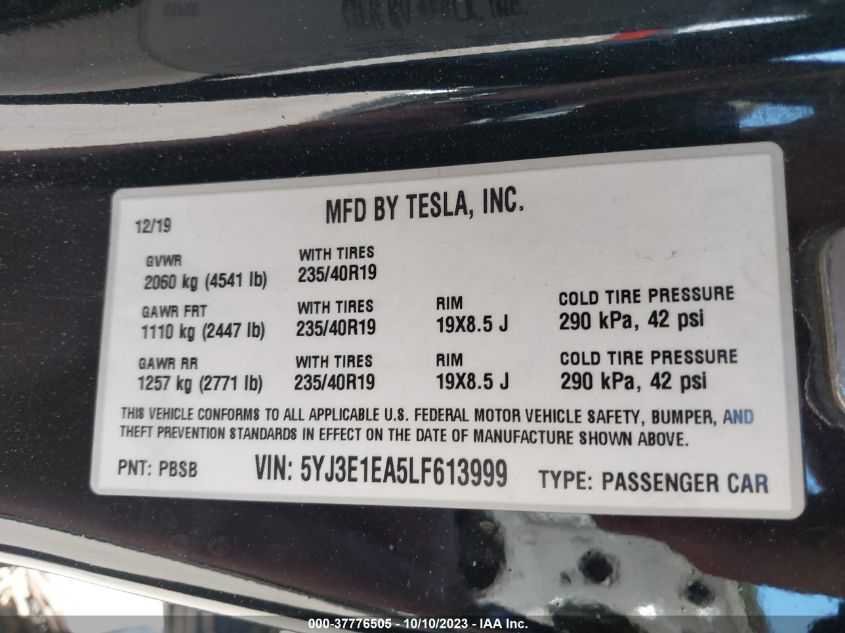 2020 TESLA MODEL 3 STANDARD RANGE - 5YJ3E1EA5LF613999