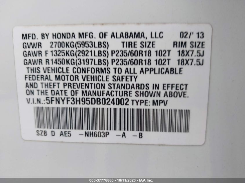 2013 HONDA PILOT TOURING - 5FNYF3H95DB024002